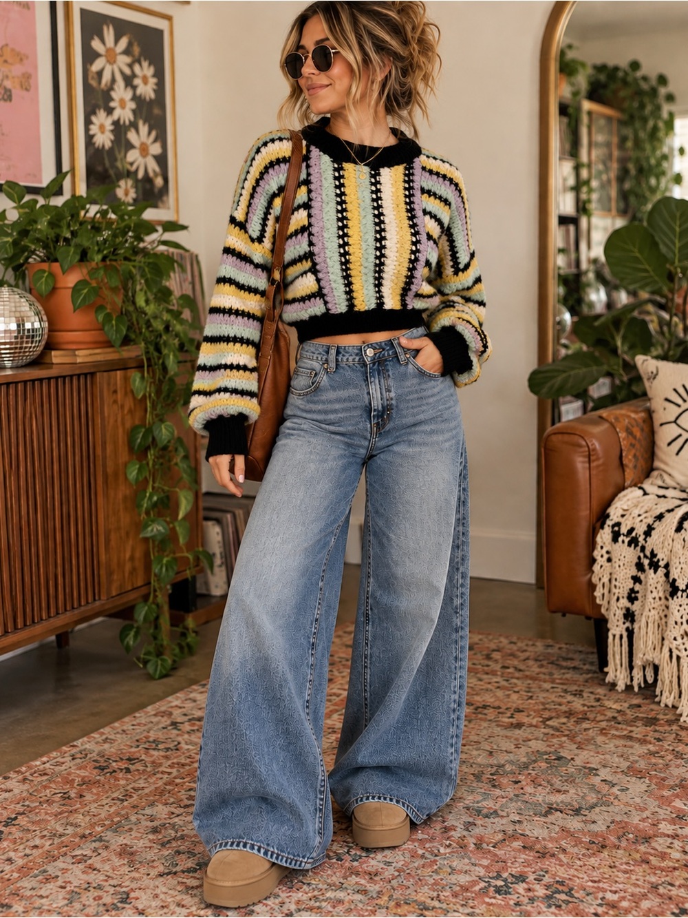 ZARA Black Striped Cropped Knit Sweater with Pastel Yellow & Lilac SZ S